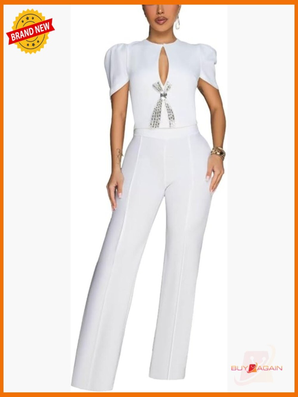 Women's Wide Leg Jumpsuit with Button Front and Puff Sleeves